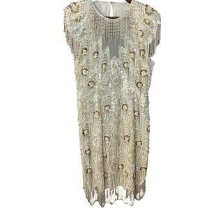 Vintage Silk Beaded Sequin Sheath Dress Floral Gold Cream Formal Fancy Size 10